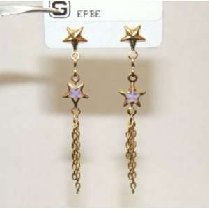  18kt SKILLUS Gold PURPLE Star CZ Dangle Stud Earrings 
