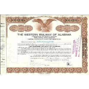  The Western Railway of Alabama Stock Certificate from 1944 