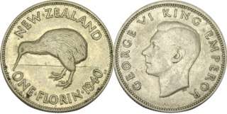 elf New Zealand 1 Florin 1940 Silver Kiwi Bird WWII  