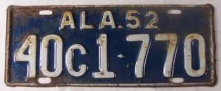 1952 ALA Alabama 40C1 770 License Plate  