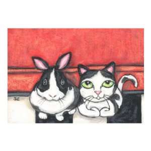 Tuxedo Kitty Cat and Bunny Rabbit Friends Giclee Poster Print by Jamie 