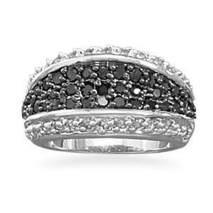  Three Row Ring Black and Clear CZ Rhodium and Sterling 
