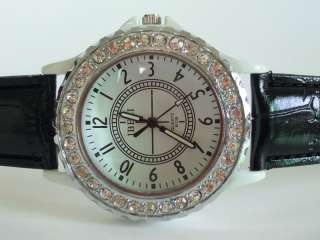 Black silver crystal lady men leather wrist watch dial  