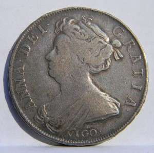   , Queen Anne: rare captured silver 1703 silver Vigo 1/2 Crown; VF