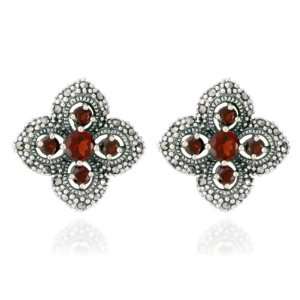   Sterling Silver Marcasite and Garnet Flower Button Earrings Jewelry