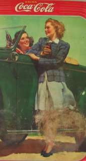 VINTAGE ORIGINAL 1942 TWO GIRLS AT CAR COCA COLA TRAY  