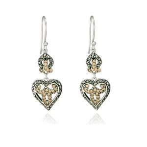   Sterling Silver Marcasite and Champagne Crystal Heart Drop Earrings