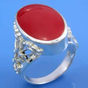  9.30 Grams 925 Sterling Silver Red Coral Gems Inlaid Ring 