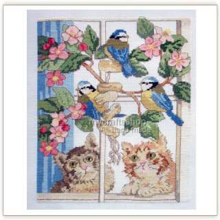 PREORDER FINISHED COMPLETED CROSS STITCH Cats and Birds  