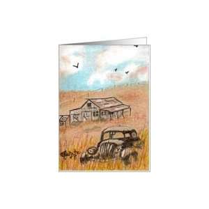 Abandoned car, old farm, blank note card Card
