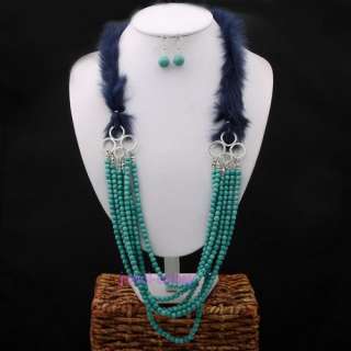 Natural blue leather &blue turquoise bead necklace SET  