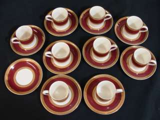 Crown Ducal Oxford 5056 Burgundy Demitasse Cups and Saucers Set 9 