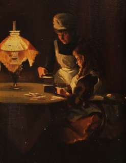 Antique Oil Painting Interior Scene w 2 figures by Kerosene Lamp 1890 