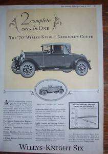 1927 Willys Overland Knight Six Cabriolet Coupe Car Ad  