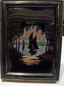 ART DECO REAL BUTTERFLY WING SILLOUETTE BOAT SCENE, LARGE FRAME 