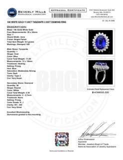 43800 CERTIFIED 14K WHITE GOLD 11.00CT TANZANITE 2.30CT DIAMOND RING 