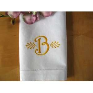 Monogrammed White Linen Hand Towel w/ Single Initial Font C:  