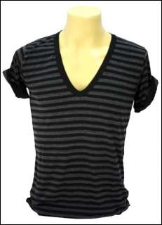 New Black & Gray Stripe Deep Cut V Neck Men T Shirt Size S (Label=M 