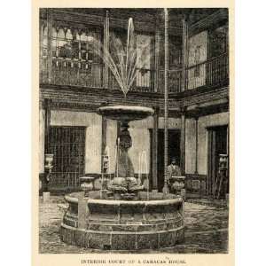  1888 Wood Engraving Interior Courtyard Architecture Fountain 