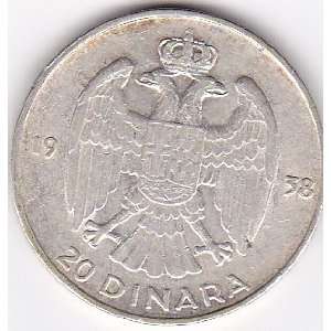  1938 Yugoslavia 20 Dinara Silver Coin 