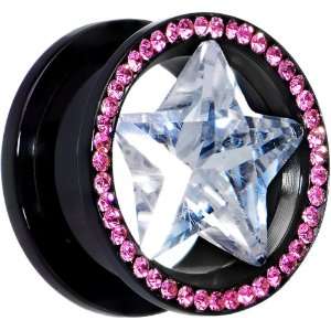  18mm Black Pink Titanium Star CZ Screw Fit Tunnel Jewelry