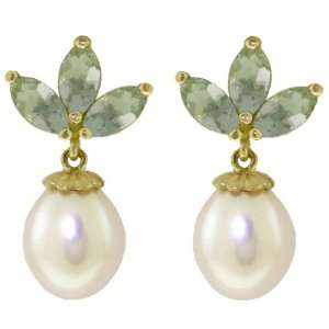   14k Solid Gold Freshwater Pearl Earrings with Green Amethysts Jewelry