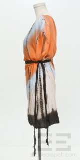 BCBG Max Azria Orange & Brown Silk Tie Belt Short Sleeve Dress Size 