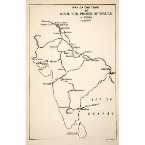  1907 Wood Engraving Map India Asia Prince Wales Tour Route 
