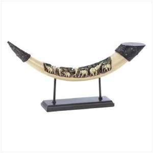 ELEPHANTS Carved into Faux Ivory TUSK SCULPTURE & Stand  