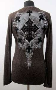 VOCAL Brown Womens Burn Out Long Sleeve Shirt Gothic Cross 