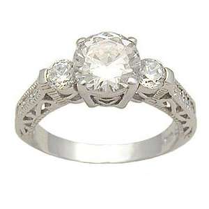 Antique Style CZ Rings   Three Stone Filigree Design Sterling Silver 