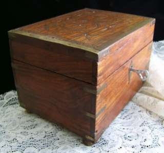 Antique Indian Perfume Casket ~ Wooden Box Brass Inlay ~ Six Scent 