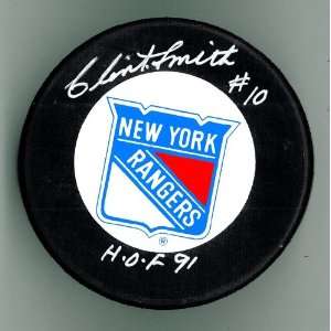  Clint Smith Autographed Rangers Hockey Puck w/ HOF #2 