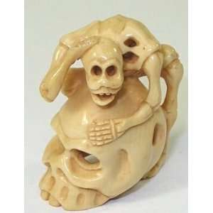  Skeleton on Skull ~ Mammoth Ivory Netsuke