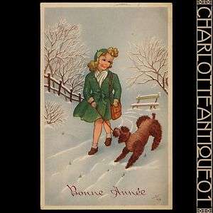   dog cute girl winter snow Vintage postcard Bonne annee 1953  