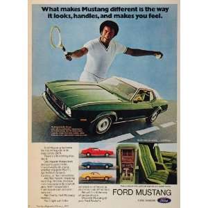 1973 Ad Green Ford Mustang Muscle Car Tennis Player   Original Print 