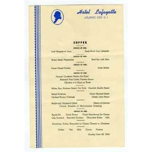  Hotel Lafayette Supper Menu 1944 Atlantic City New Jersey 