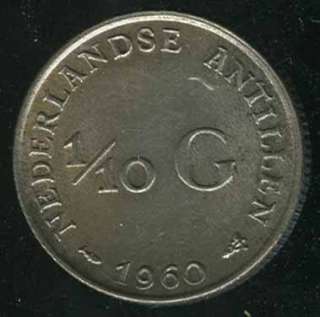 NETHERLANDS ANTILLES 1 /10 GULDEN 1960 SILVER COIN  