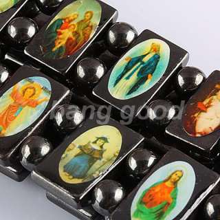 Magnetic Hematite Square Beads Saint Icon Jesus Bracelet Stretch 