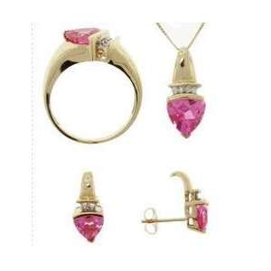  Trillion Pink Topaz and Diamond Gold Ring Earrings Pendant 