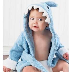   Hooded Sea Blue Terry Shark Robe with Front Ties and White Cuffs Baby