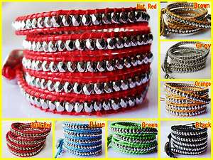 Hot Sale 33 Fashion Bracelets Silver Nugget Beads Leather Stand Wrap 