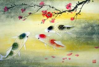 Oriental Asian Chinese Painting Feng Shui Art Three Koi Fish&Plum 