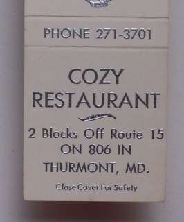 1960s Matchbook Cozy Restaurant Rt 806 Thurmont MD MB  
