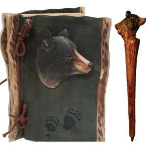  Black Bear Notebook & Pen Set (Real Carved Wood) 8 inch 