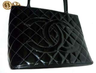 AUTHENTIC CHANEL Shiny Black Patent Leather Medallion Tote Handbag 