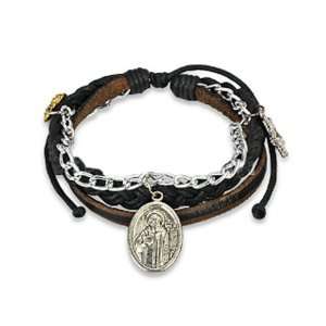  Black Leather Braided Bracelet with St. Benedicts Charms 