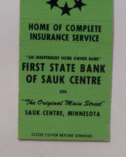 1960s Matchbook First State Bank of Sauk Centre MN Stearns Co 