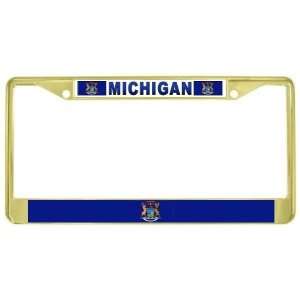   Mi State Flag Gold Tone Metal License Plate Frame Holder: Automotive