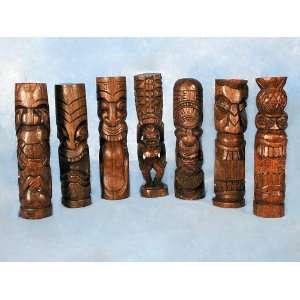 SET OF 7 TIKI TOTEMS   12 STAINED HIBISCUS WOOD   TIKI DECOR  